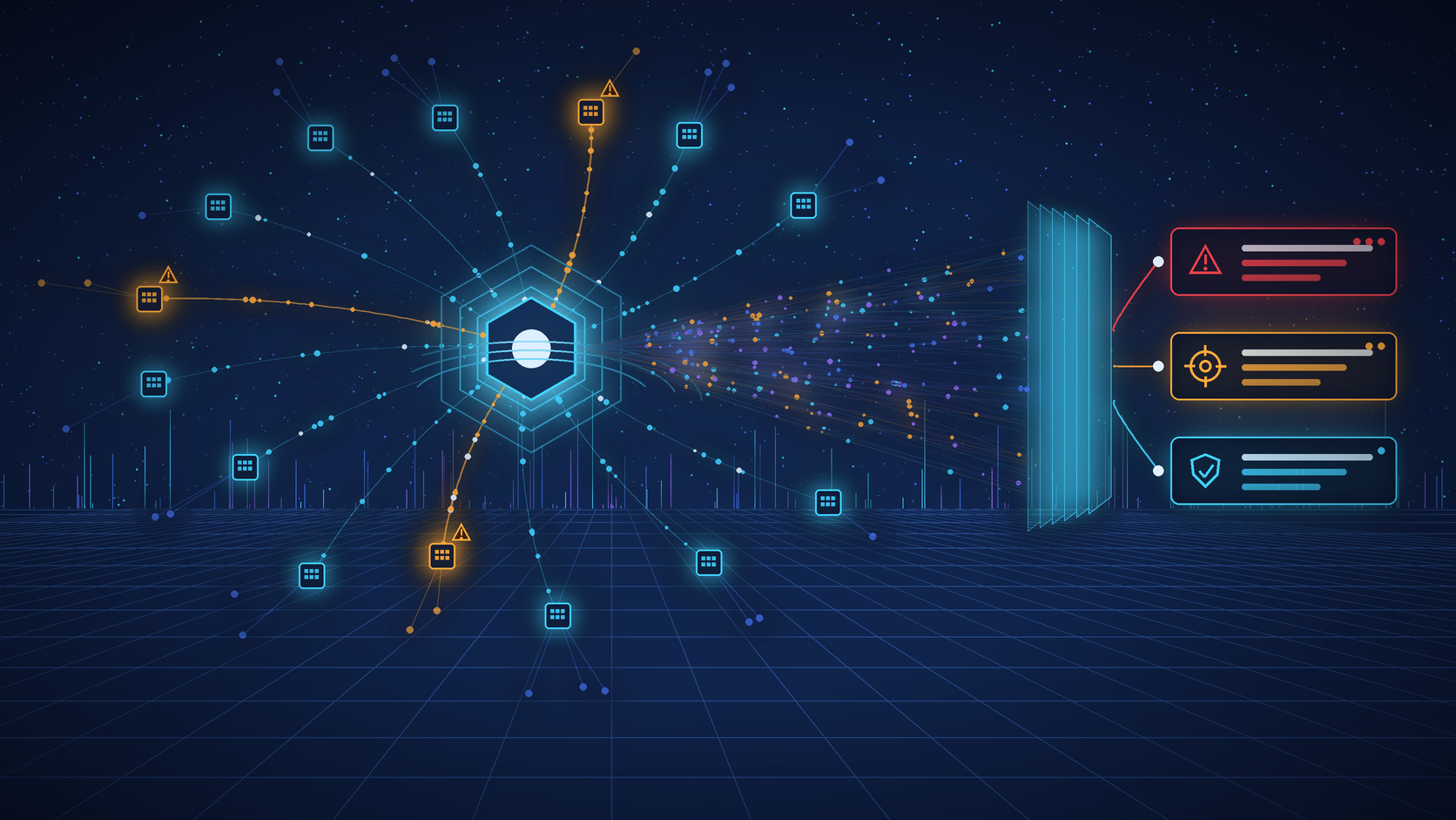 A central enterprise connected to a network of suppliers, with supplier-linked signals filtered into a short list of ranked incidents
